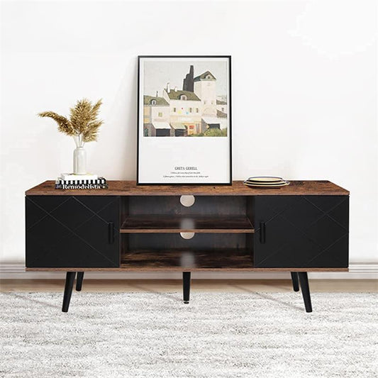 IWELL TV Stand for 55 inch TV, Entertainment Center with Storage Cabinets & Open Shelf, TV Console, Mid Century Modern TV Stand for Living Room/Bedroom, Black