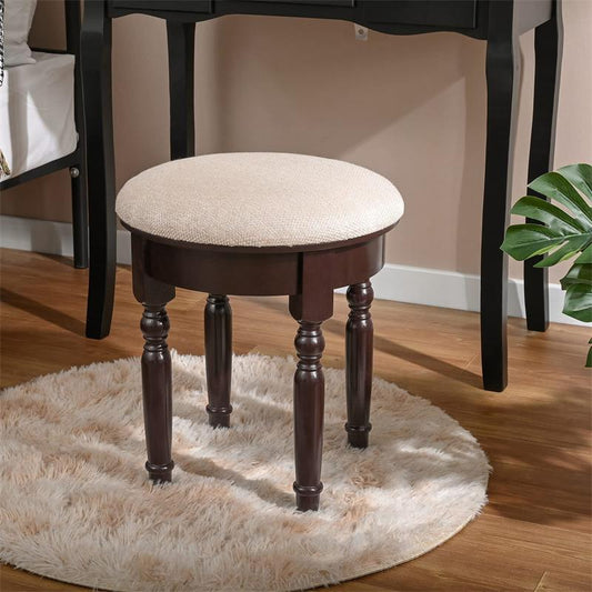 IWELL Round Vanity Stool with Rubberwood Leg, Capacity 330LBS, 17.7inch Tall Dressing Makeup Stool, Padded Bench, Piano Seat Chair Bench in Bedroom, Bathroom, Easy Assembly, Brown