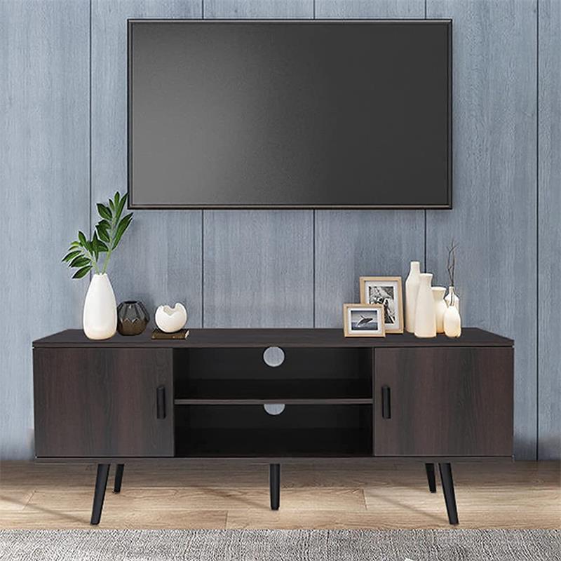 IWELL TV Stand for 55 inch TV, Entertainment Center with 2 Cabinet & 2 Shelves, Retro TV Console Table, Mid Century Modern TV Stand for Living Room, Bedroom, Black Oak