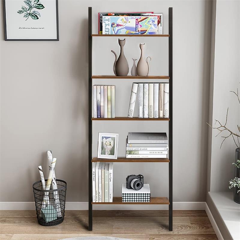 IWELL Ladder Shelf, Leaning Bookshelf, 5-Tier Ladder Bookshelf for Living Room, Kitchen, Rustic Brown