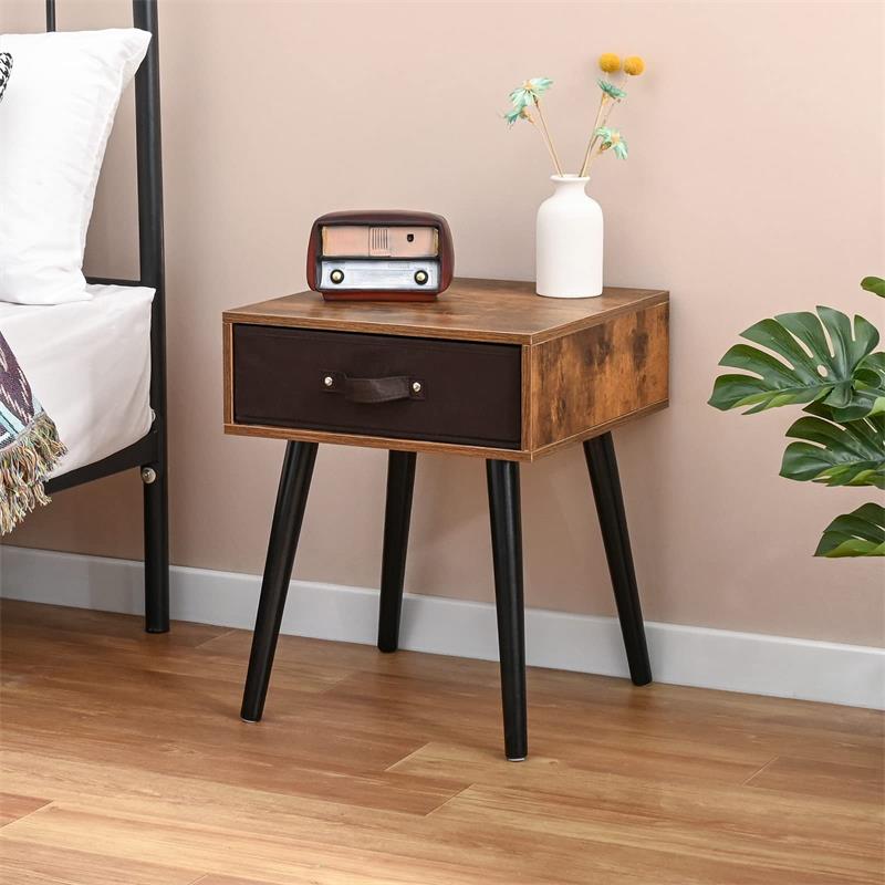 IWELL Rustic Brown Mid-Century Nightstand Set of 2, End Table with Drawer & Wooden Legs, Side Table for Bedroom