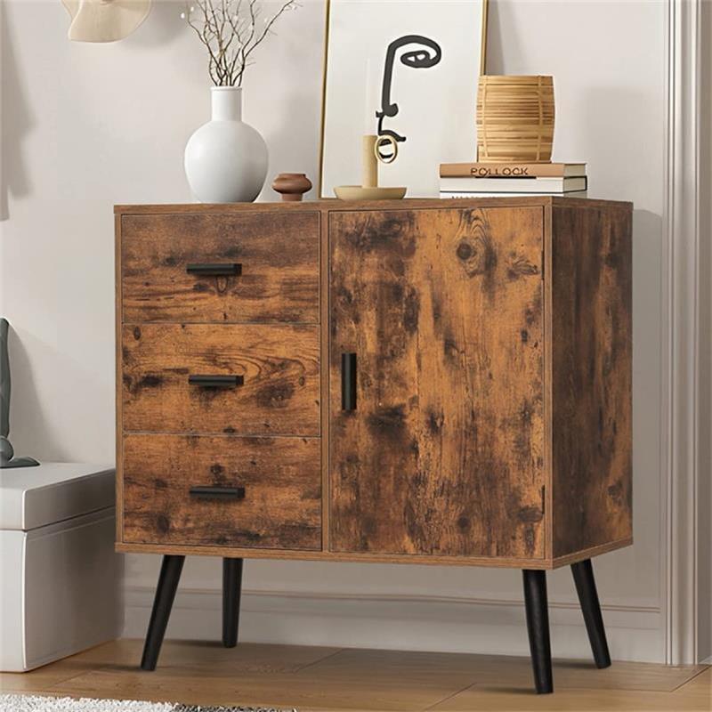 IWELL Storage Cabinet with Door & 3 Drawers, Mid Century Storage Cabinet with Adjustable Shelf, Floor Cabinet for Living Room, Bedroom, Home Office, Rustic Brown