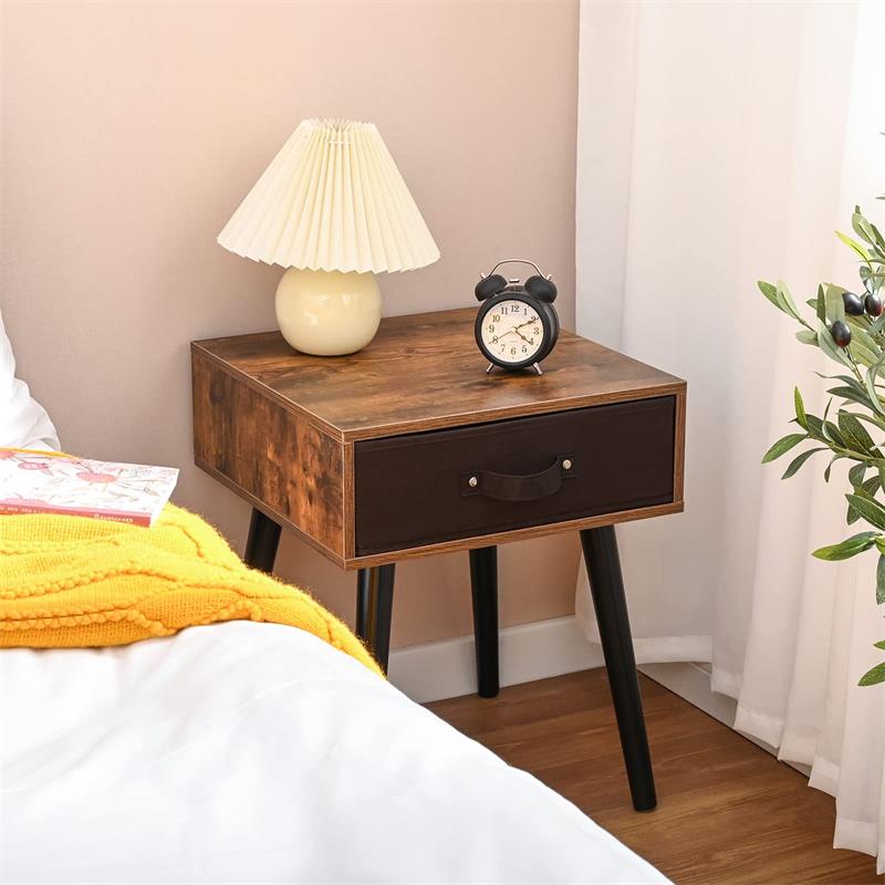 IWELL Rustic Brown Mid-Century Nightstand Set of 2, End Table with Drawer & Wooden Legs, Side Table for Bedroom