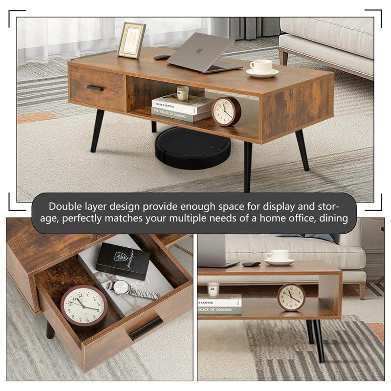 IWELL Mid Century Coffee Table with Drawer and Storage Shelf for Living Room, Wood Cocktail Table, Accent TV Table for Reception Room/Office, Easy to Assemble, Rustic Brown