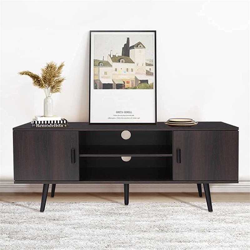 IWELL TV Stand for 55 inch TV, Entertainment Center with 2 Cabinet & 2 Shelves, Retro TV Console Table, Mid Century Modern TV Stand for Living Room, Bedroom, Black Oak