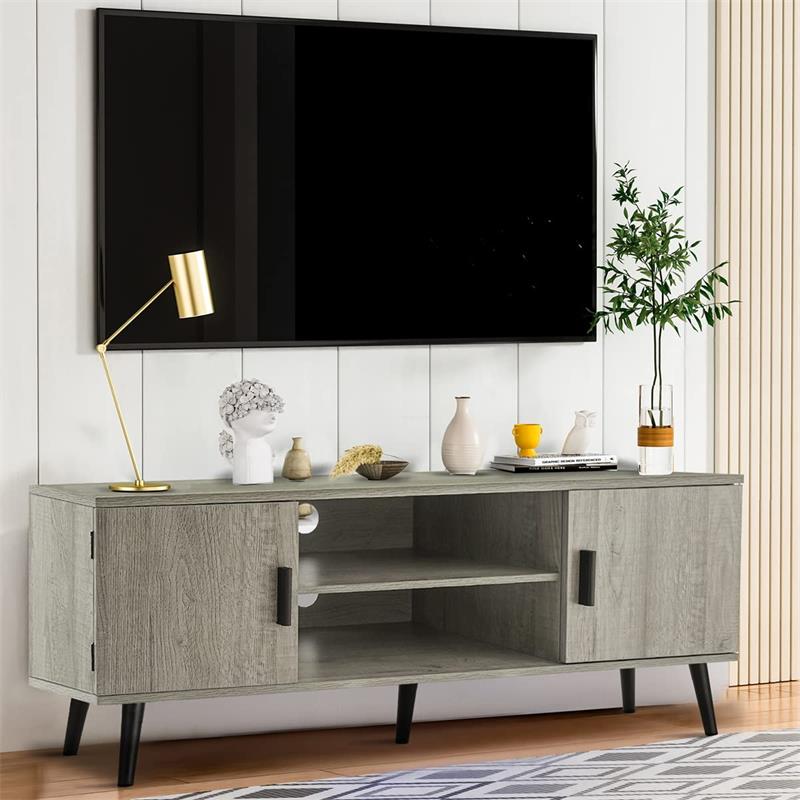 IWELL TV Stand for 55 inch TV, Entertainment Center with Storage and Open Shelves, Mid Century TV Stand Table, Media Console for Living Room, Bedroom, Grey