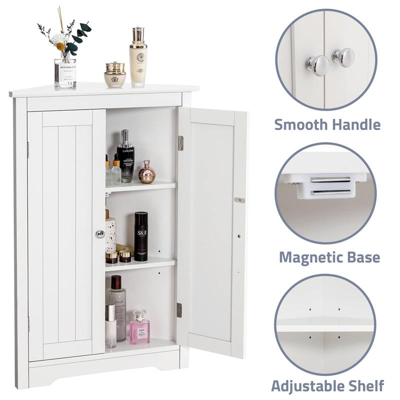 IWELL Floor Corner Cabinet, Bathroom Corner Cabinet with 2 Doors and Storage Shelves, Free-Standing Corner Cabinet for Bathroom, Living Room, Kitchen, Bedroom, White