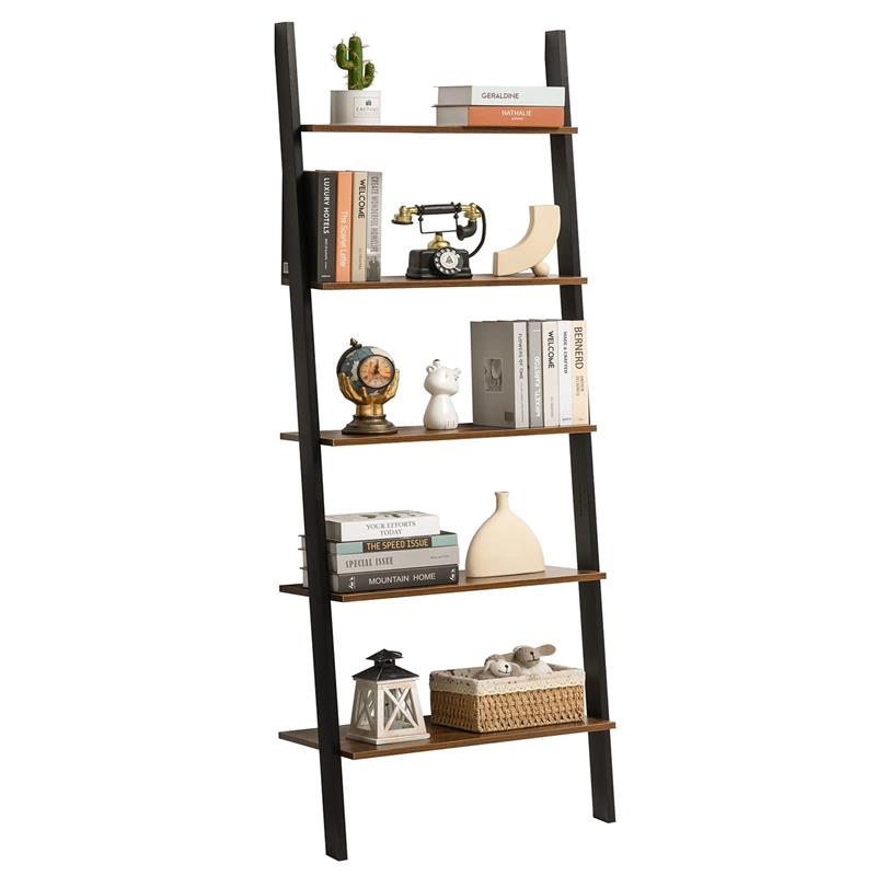 IWELL Ladder Shelf, Leaning Bookshelf, 5-Tier Ladder Bookshelf for Living Room, Kitchen, Rustic Brown