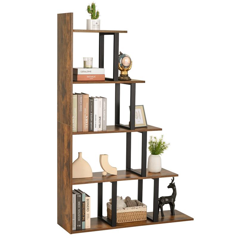 IWELL Ladder Shelf, 5-Tier Wood Bookshelf, Rustic Storage Shelf for Living Room, Bedroom, Rustic Brown