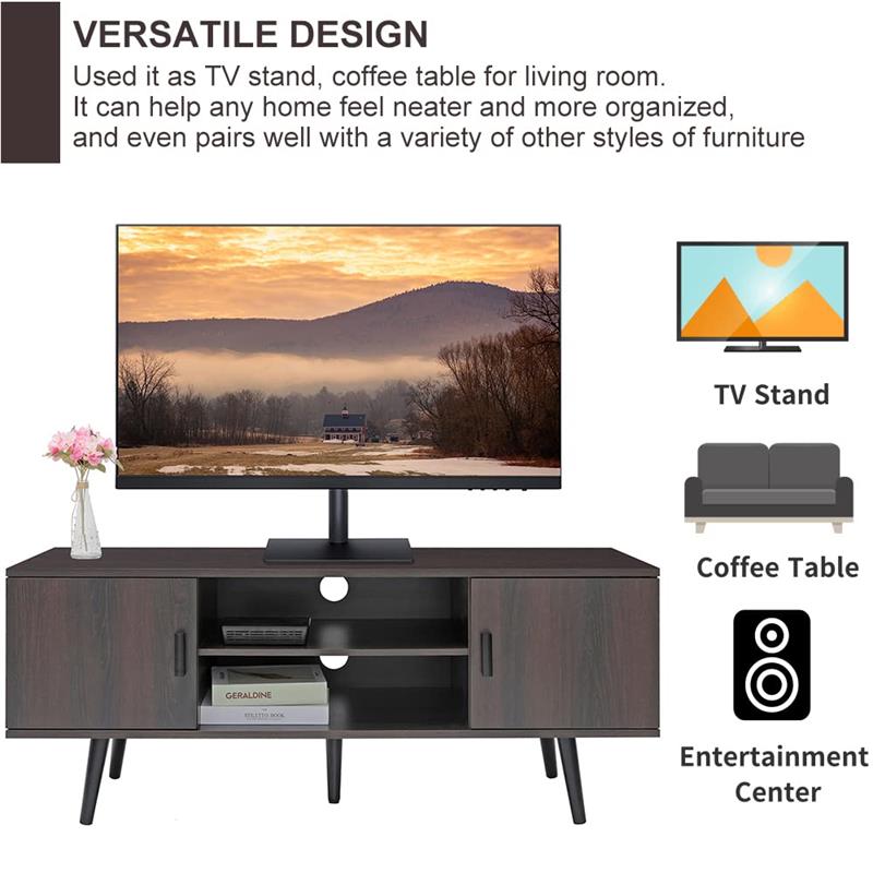 IWELL TV Stand for 55 inch TV, Entertainment Center with 2 Cabinet & 2 Shelves, Retro TV Console Table, Mid Century Modern TV Stand for Living Room, Bedroom, Black Oak