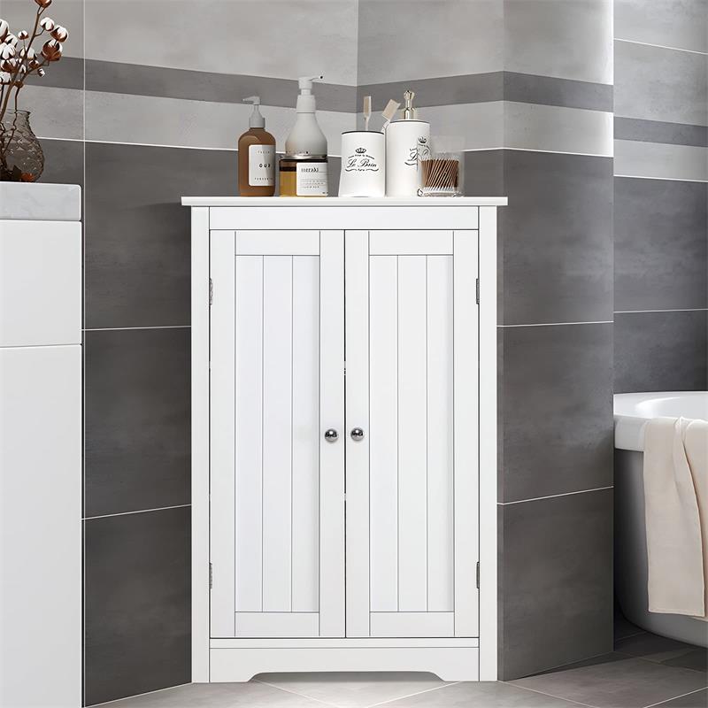 IWELL Floor Corner Cabinet, Bathroom Corner Cabinet with 2 Doors and Storage Shelves, Free-Standing Corner Cabinet for Bathroom, Living Room, Kitchen, Bedroom, White