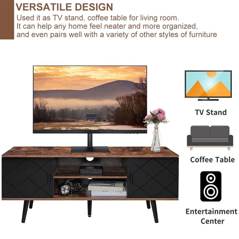 IWELL TV Stand for 55 inch TV, Entertainment Center with Storage Cabinets & Open Shelf, TV Console, Mid Century Modern TV Stand for Living Room/Bedroom, Black