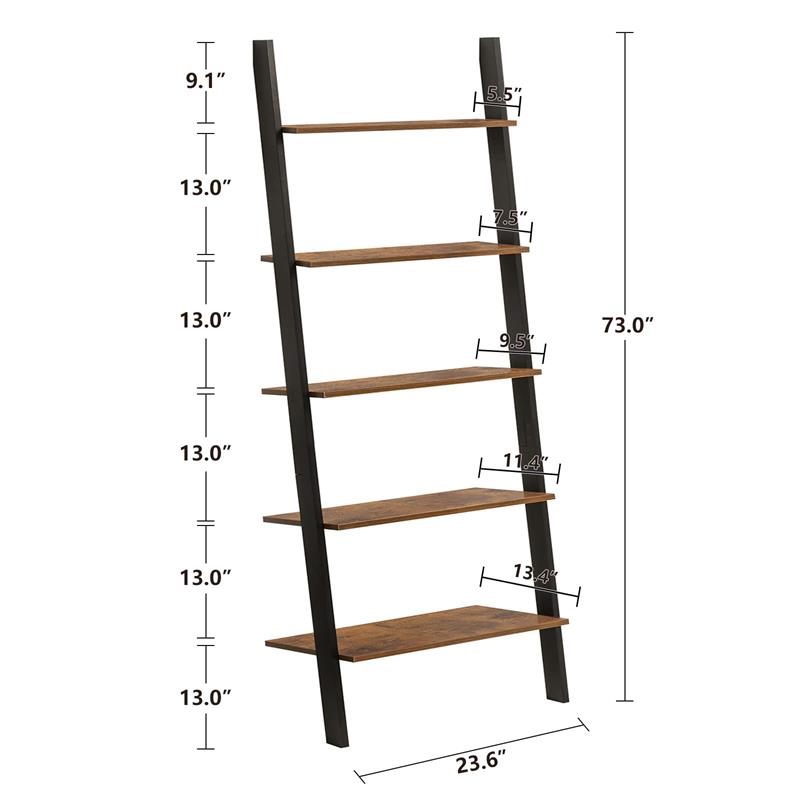 IWELL Ladder Shelf, Leaning Bookshelf, 5-Tier Ladder Bookshelf for Living Room, Kitchen, Rustic Brown