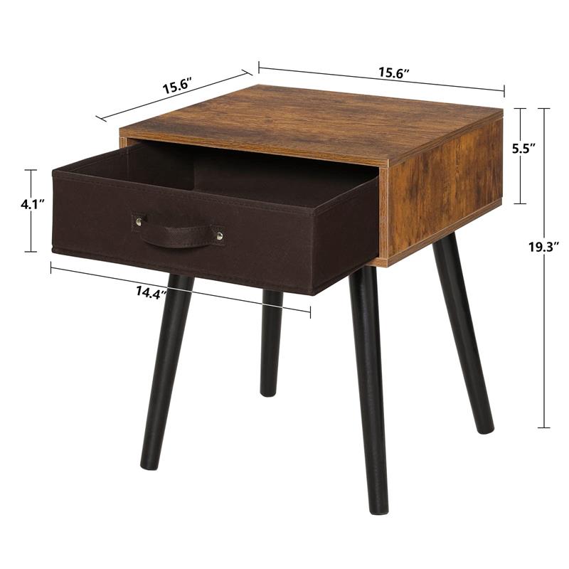 IWELL Rustic Brown Mid-Century Nightstand Set of 2, End Table with Drawer & Wooden Legs, Side Table for Bedroom