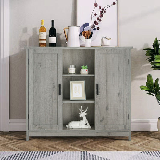 IWELL Floor Storage Cabinet with 2 Doors and 2 Open Shelves, Wooden Medical Cupboard, Buffet Sideboard, Farmhouse Free Standing Cabinet, Grey