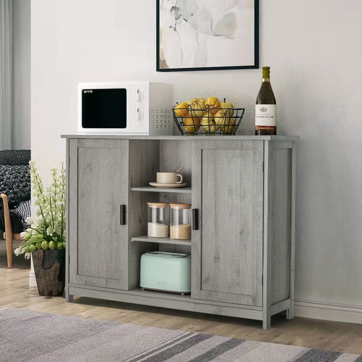IWELL Floor Storage Cabinet with 2 Doors and 2 Open Shelves, Wooden Medical Cupboard, Buffet Sideboard, Farmhouse Free Standing Cabinet, Grey