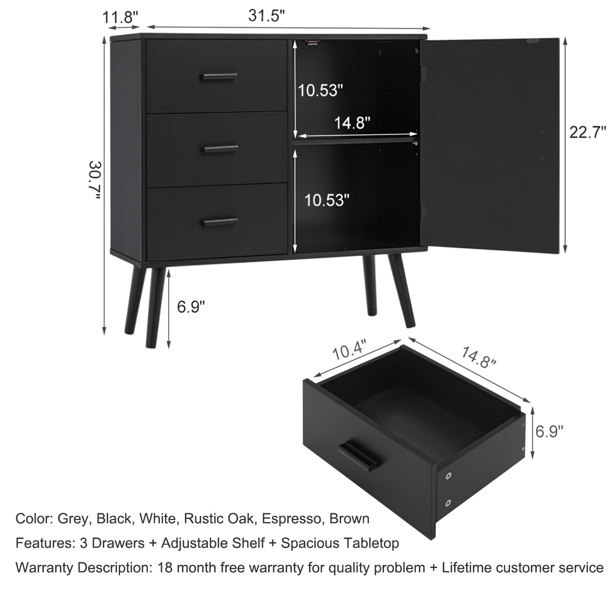 IWELL Storage Cabinet, Bathroom Floor Cabinet with Door & 3 Drawers, Mid Century Cabinet with Adjustable Shelf for Kitchen, Living Room, Bedroom, Entryway, Hallway, Black