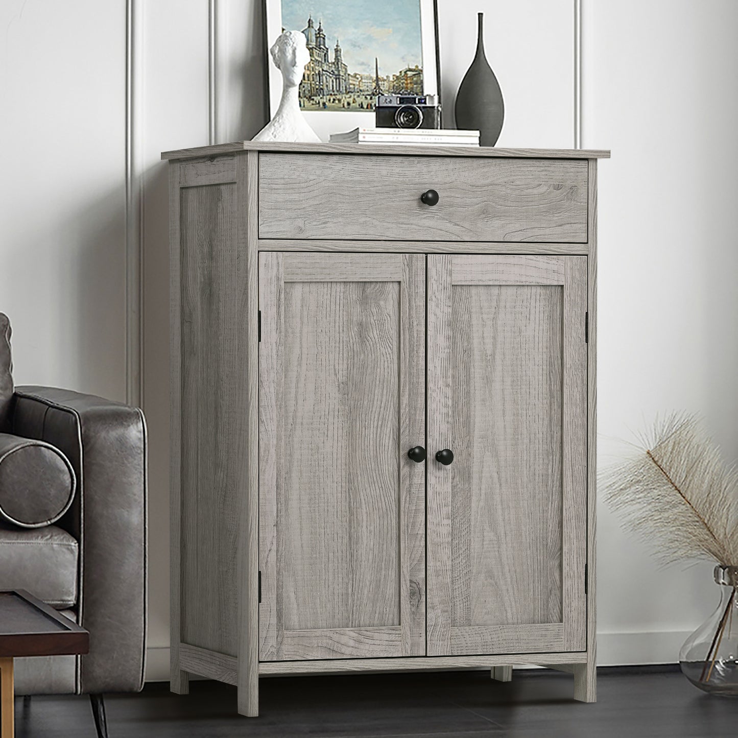 IWELL Bathroom Floor Cabinet, Storage Cabinet with 1 Drawer 2 Shelves and 2 Doors, Freestanding Bathroom Cabinet for Living Room, Kitchen, Entryway, Grey