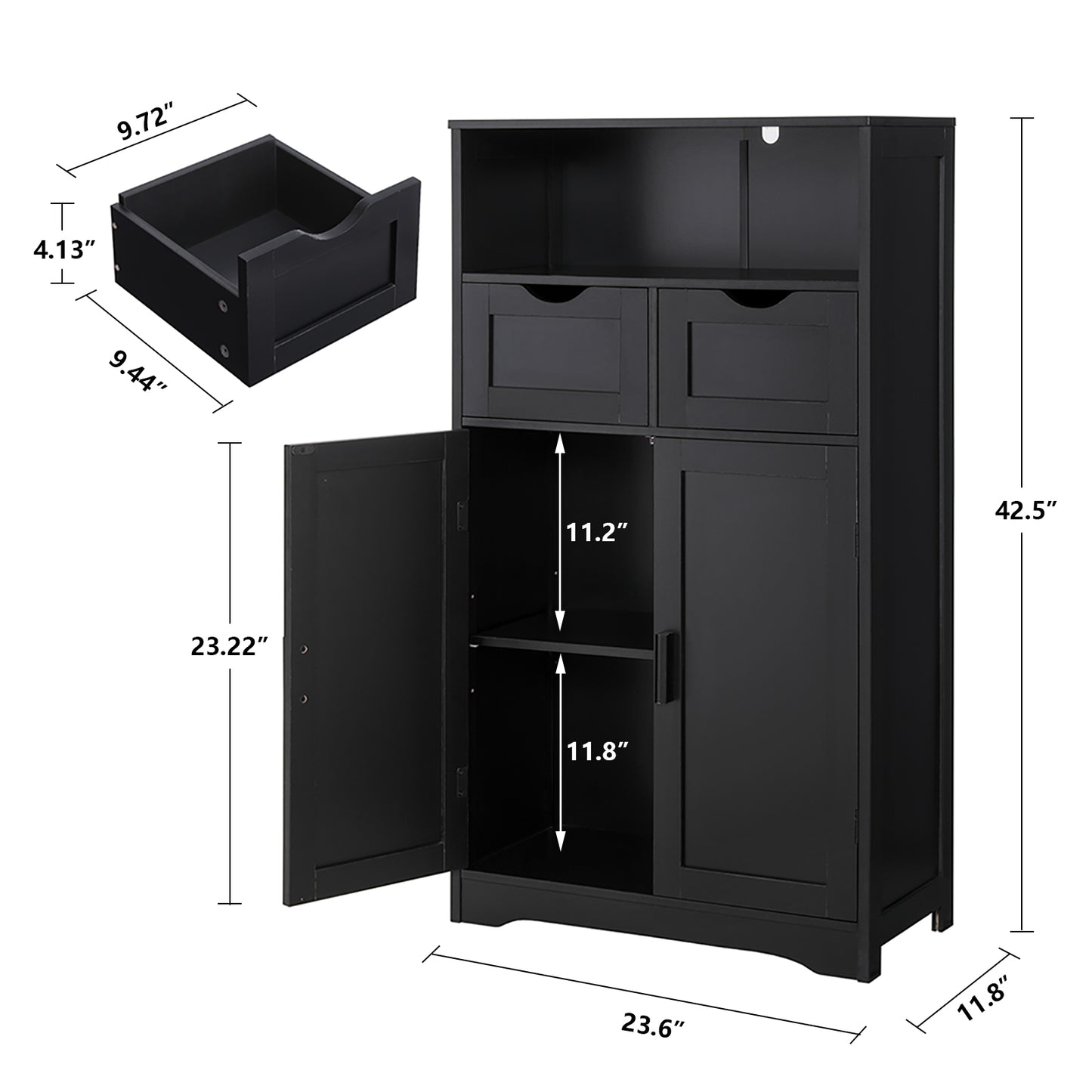 IWELL Storage Cabinet, Bathroom Floor Cabinet with 2 Drawers & 2 Shelves, Freestanding Accent Cabinet for Living Room, Bedroom, Office, Black