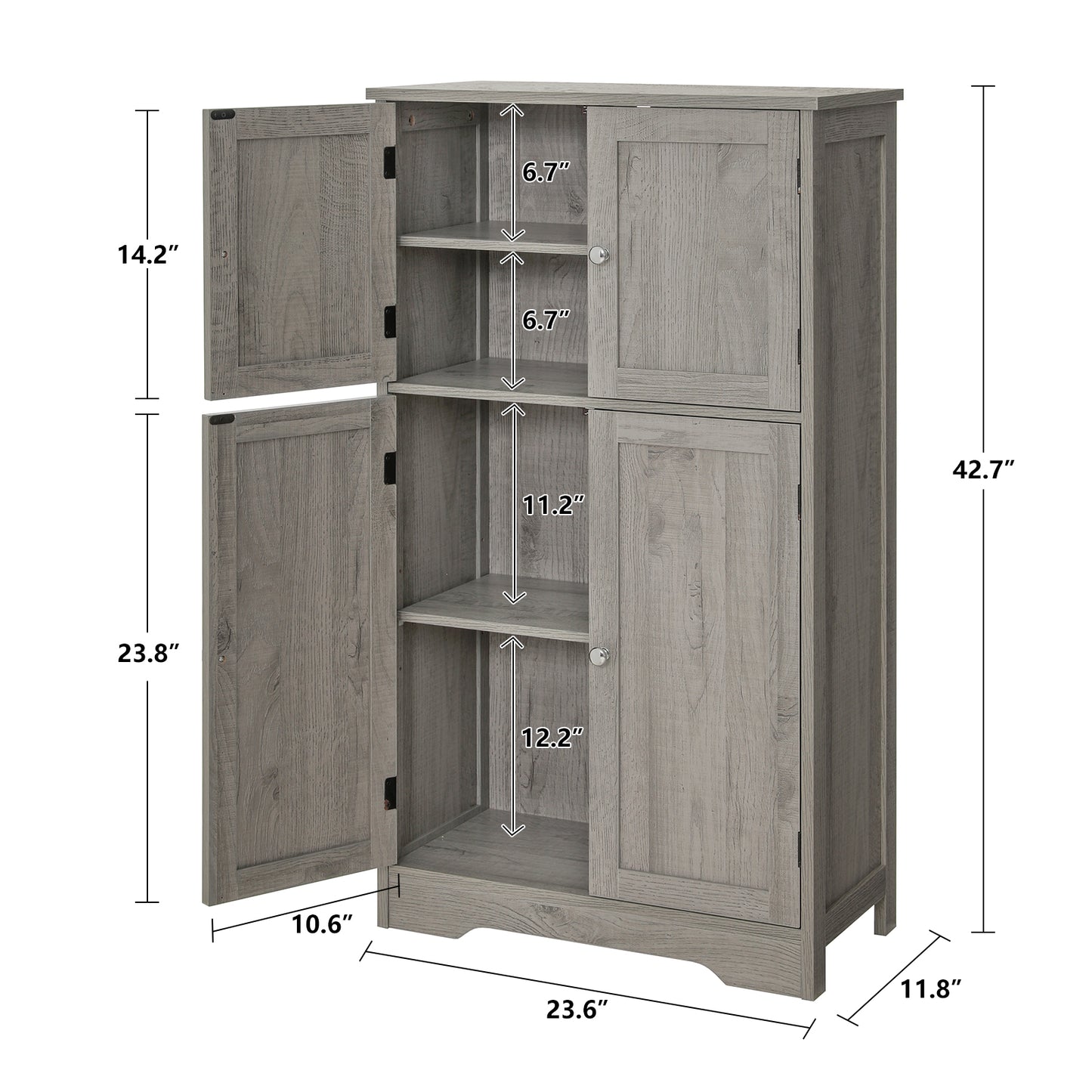 IWELL Large Storage Cabinet, Bathroom Floor Cabinet with Adjustable Shelf & 4 Doors, Cupboard for Living Room, Hallway, Bathroom, Kitchen, Grey